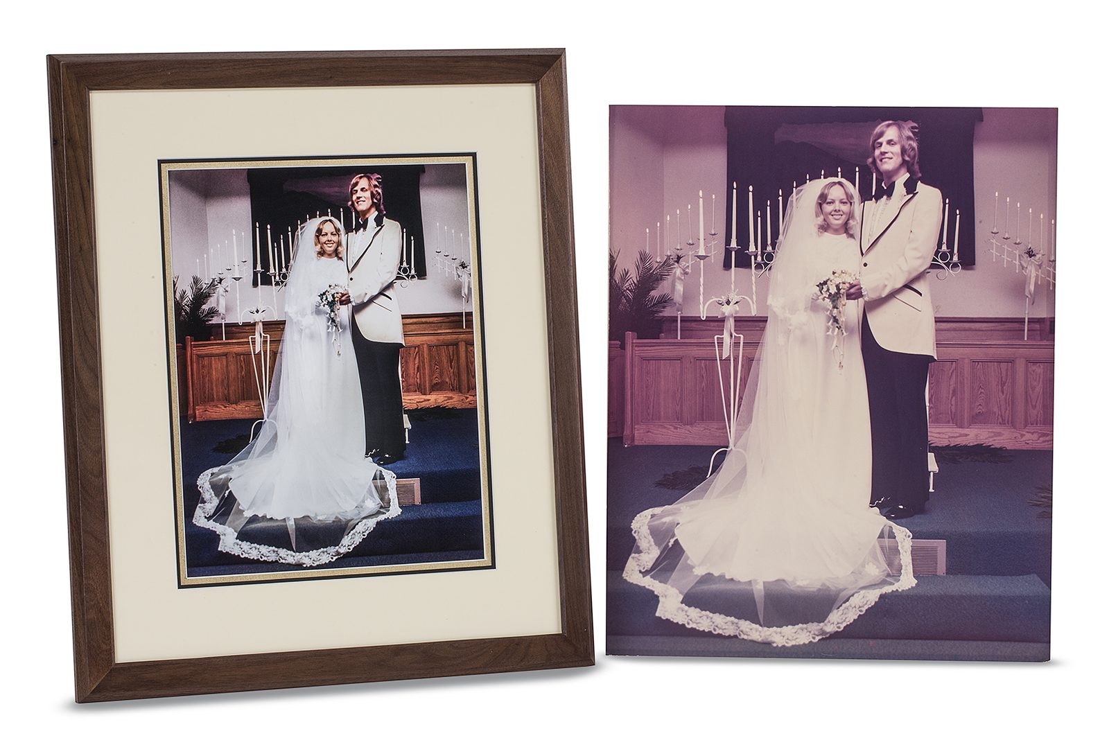 Before and after photo restoration at H&H Custom Framing — faded wedding photo restored, reprinted, and custom framed